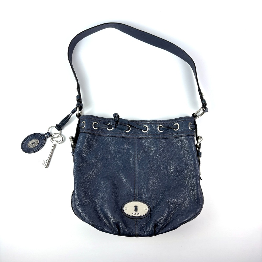 VTG Fossil Maddox‎ Reissue Drawstring Bucket Bag Navy Shoulder Pebbled Leather
